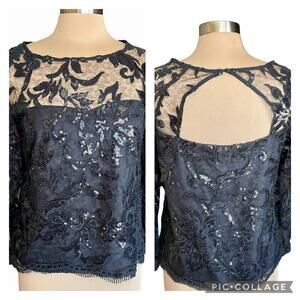 Cupcakes & Cashmere Black Sequined Lace Top Women MED Whimsigoth Fairy Grunge